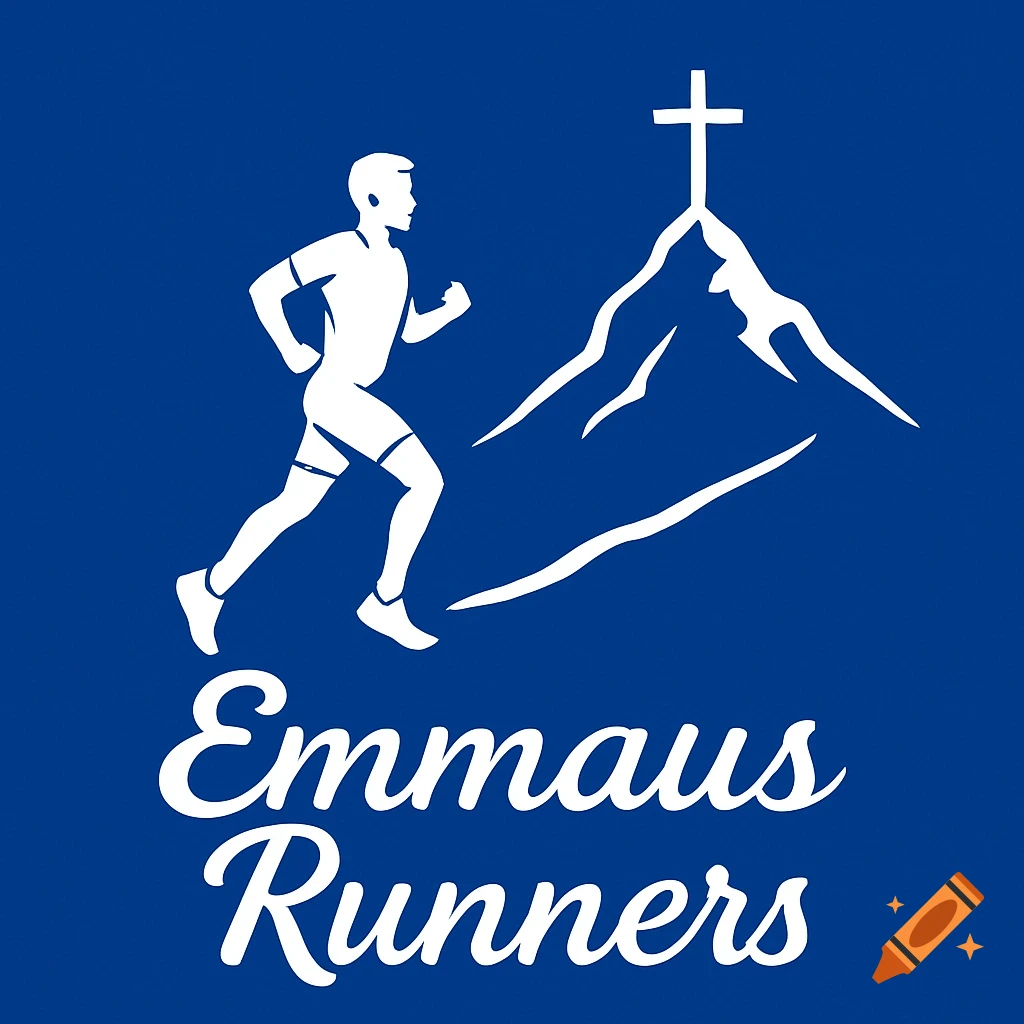 White graphic of a runner, a mountain with a cross, and "Emmaus Runners" text on a royal blue background.