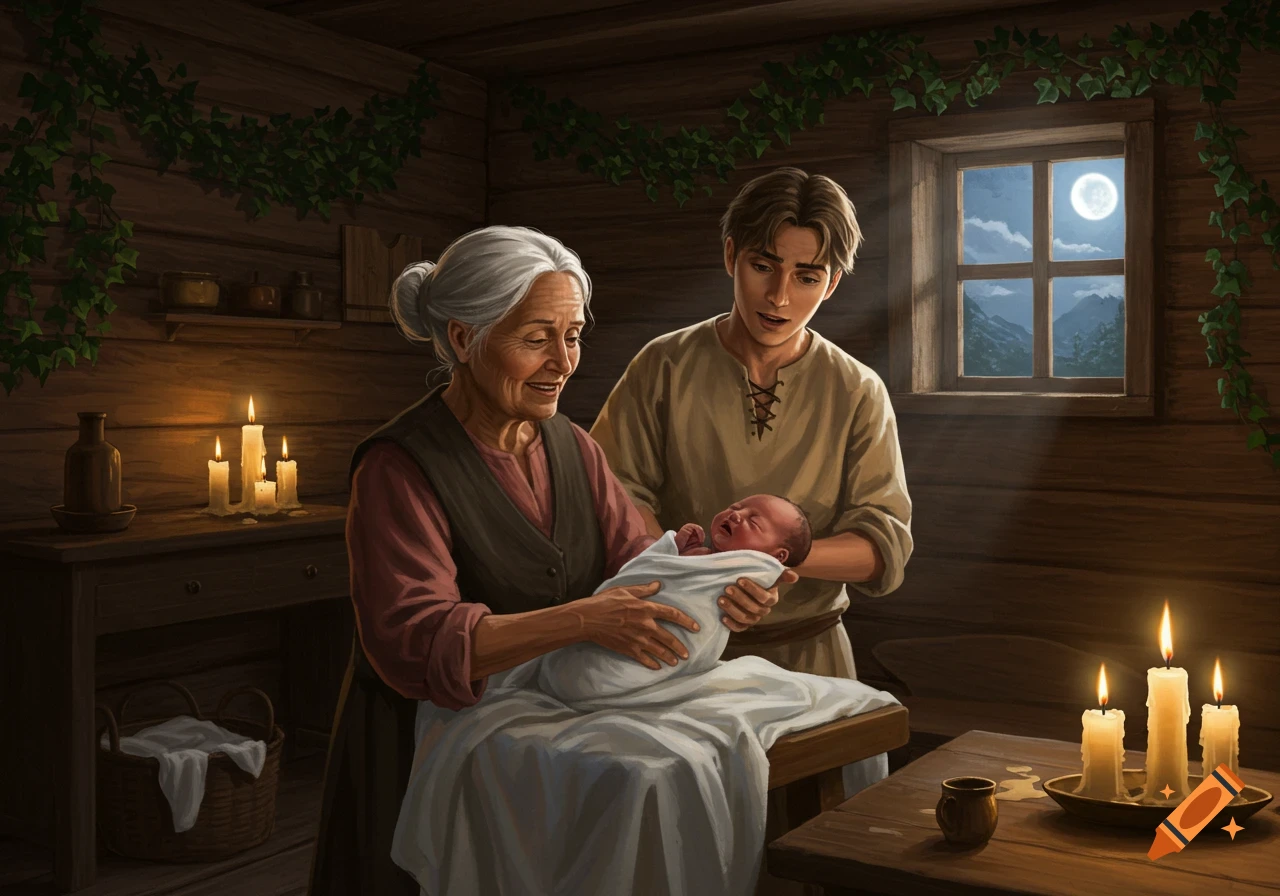 An old woman holds a swaddled newborn baby, a young man looks on in a rustic, candlelit wooden room with a moonlit window.