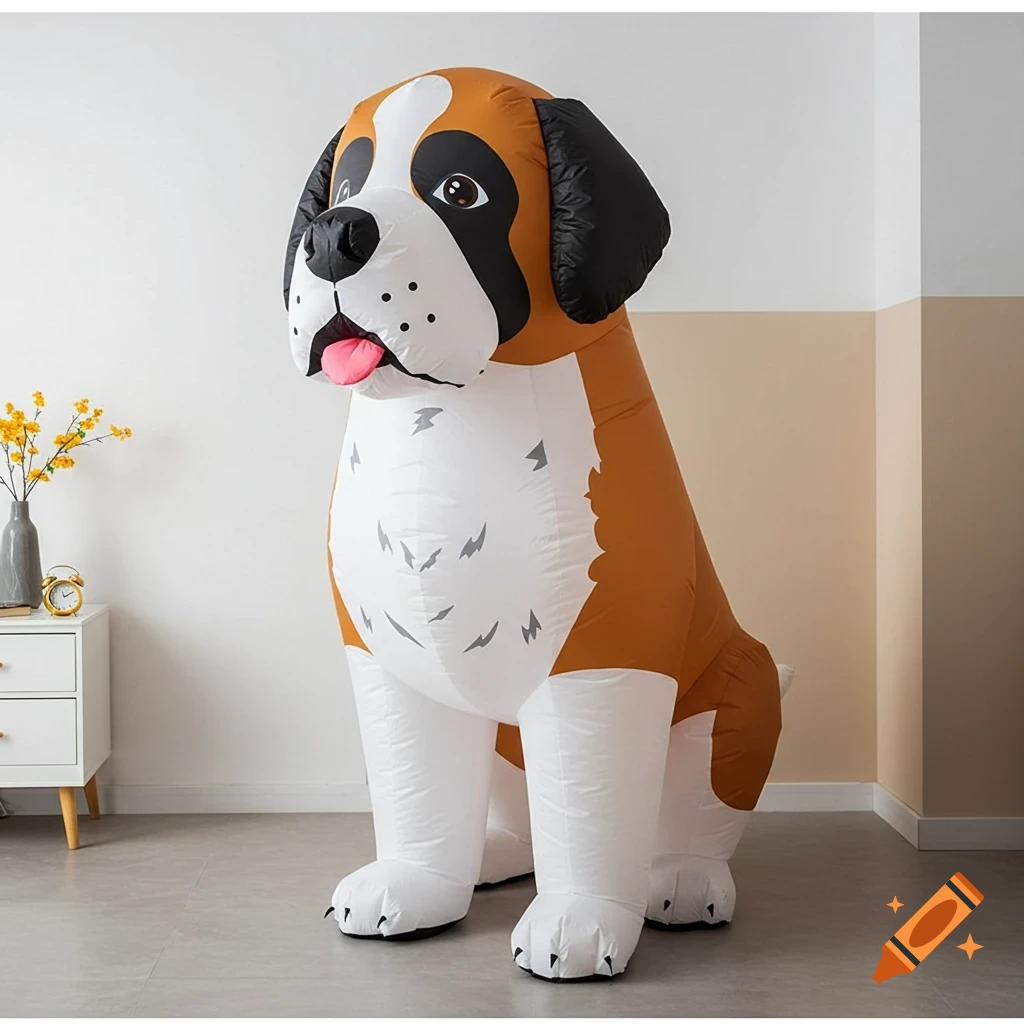 A large, photorealistic inflatable St. Bernard dog sits indoors against white and beige walls.