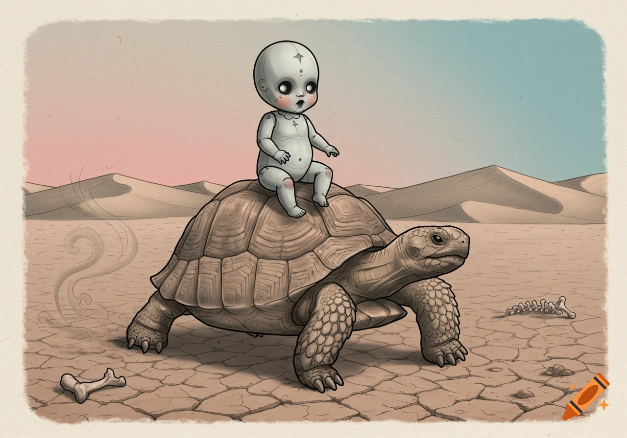 An illustrated creepy baby doll with black eyes rides a desert tortoise in a barren desert with dunes.