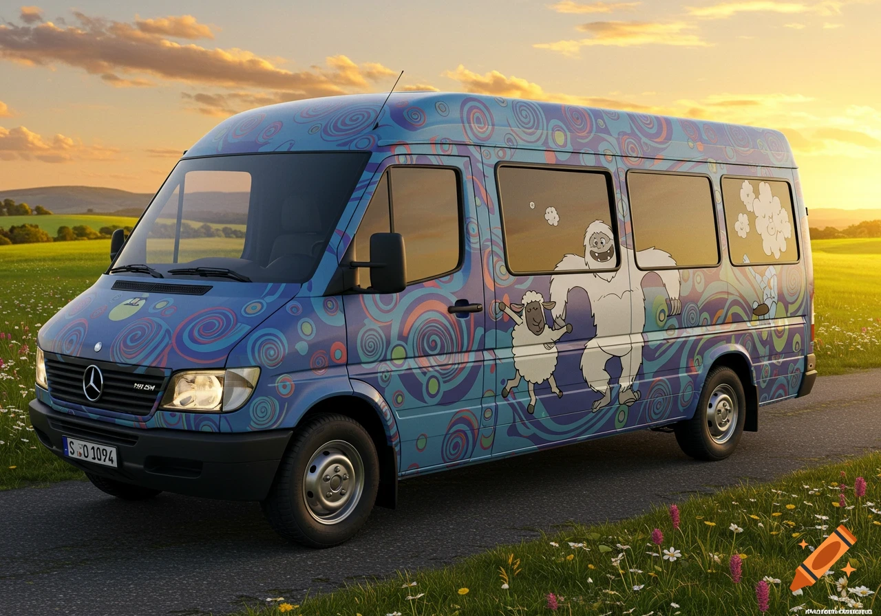A Mercedes Sprinter van covered in blue psychedelic patterns and cartoon graphics of a yeti and a sheep, parked in a sunny field.