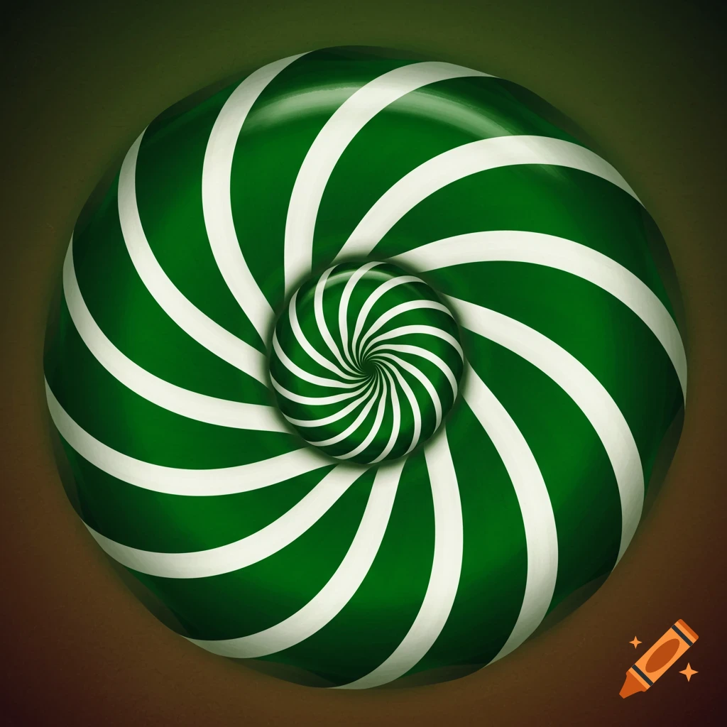 A top-down view of a glossy green and white spiral pattern, resembling a peppermint candy.