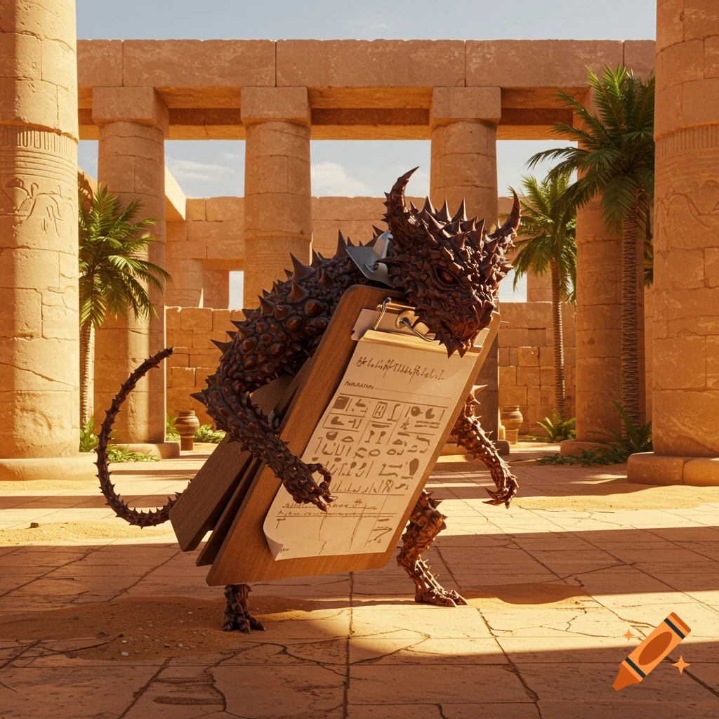 A spiky, brown, dragon-like creature holds a clipboard with hieroglyphs in an ancient Egyptian temple ruin with columns and palm trees.