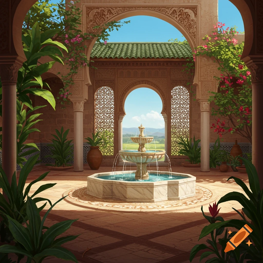 An ornate courtyard with a central marble fountain, lush green plants, and intricate archways opening to a distant landscape.