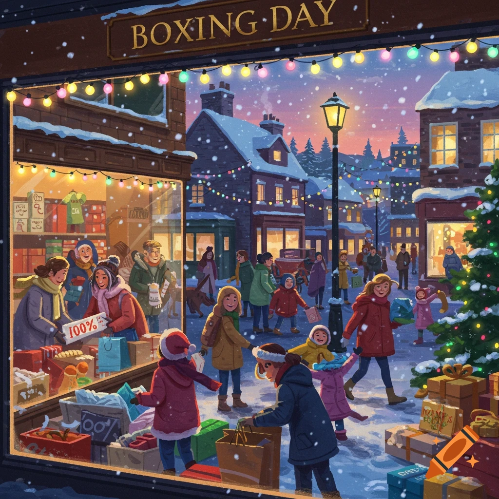A festive illustration of a snowy Boxing Day street, with people shopping outside a store adorned with lights and a Christmas tree.