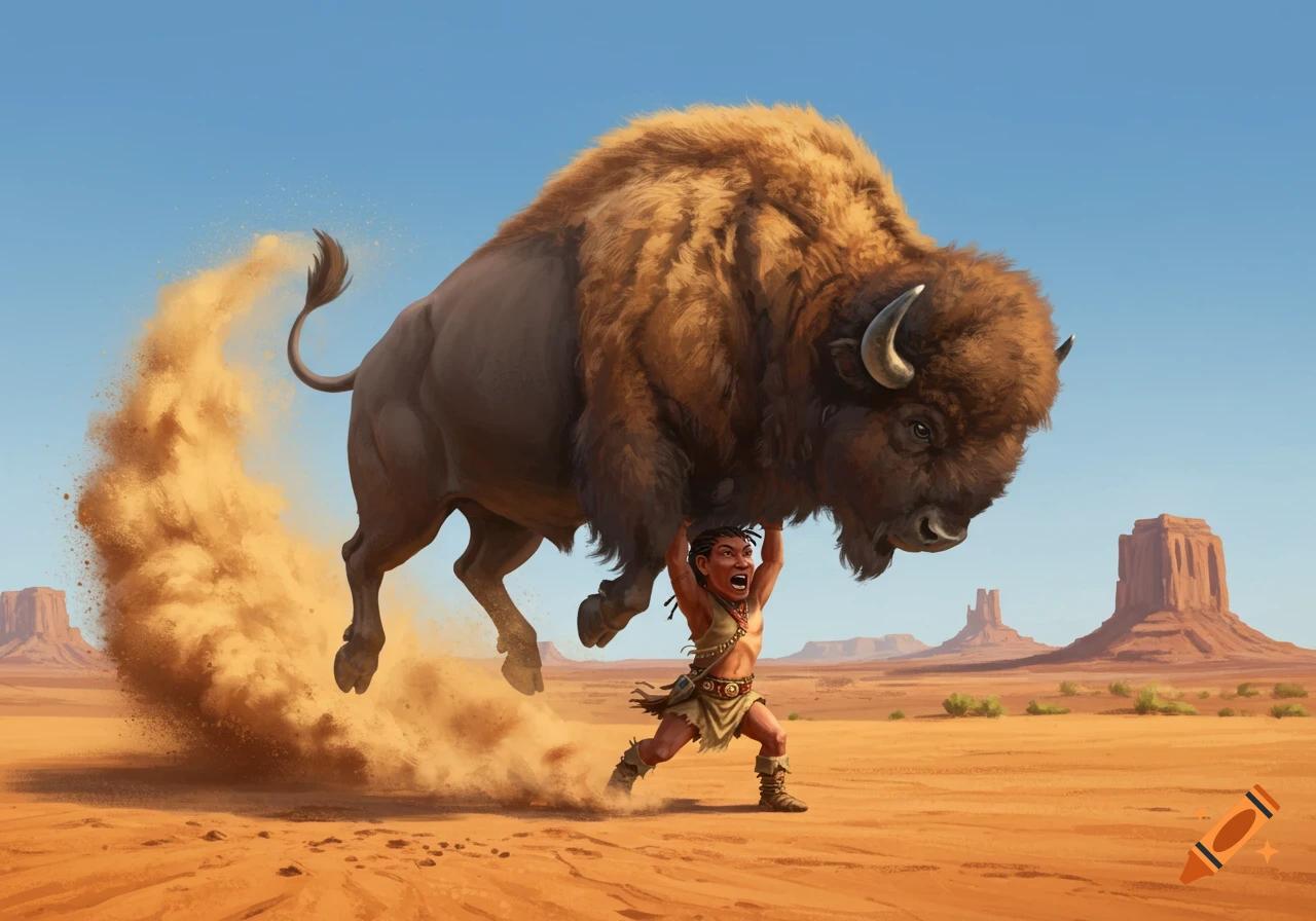 A small person powerfully lifts a giant buffalo in a stylized desert landscape with mesas.