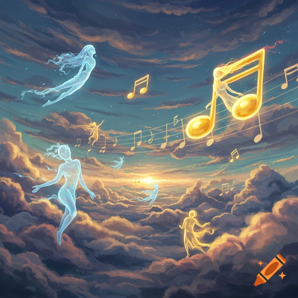 Ethereal, translucent figures float among glowing musical notes in a cloudy, sunset sky, dreamlike art style.