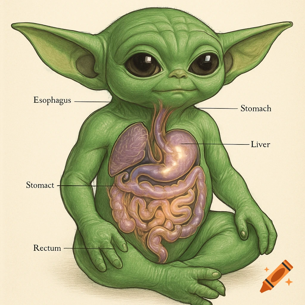 A scientific illustration of a green Baby Yoda-like alien, sitting cross-legged, with its digestive organs exposed and labeled.