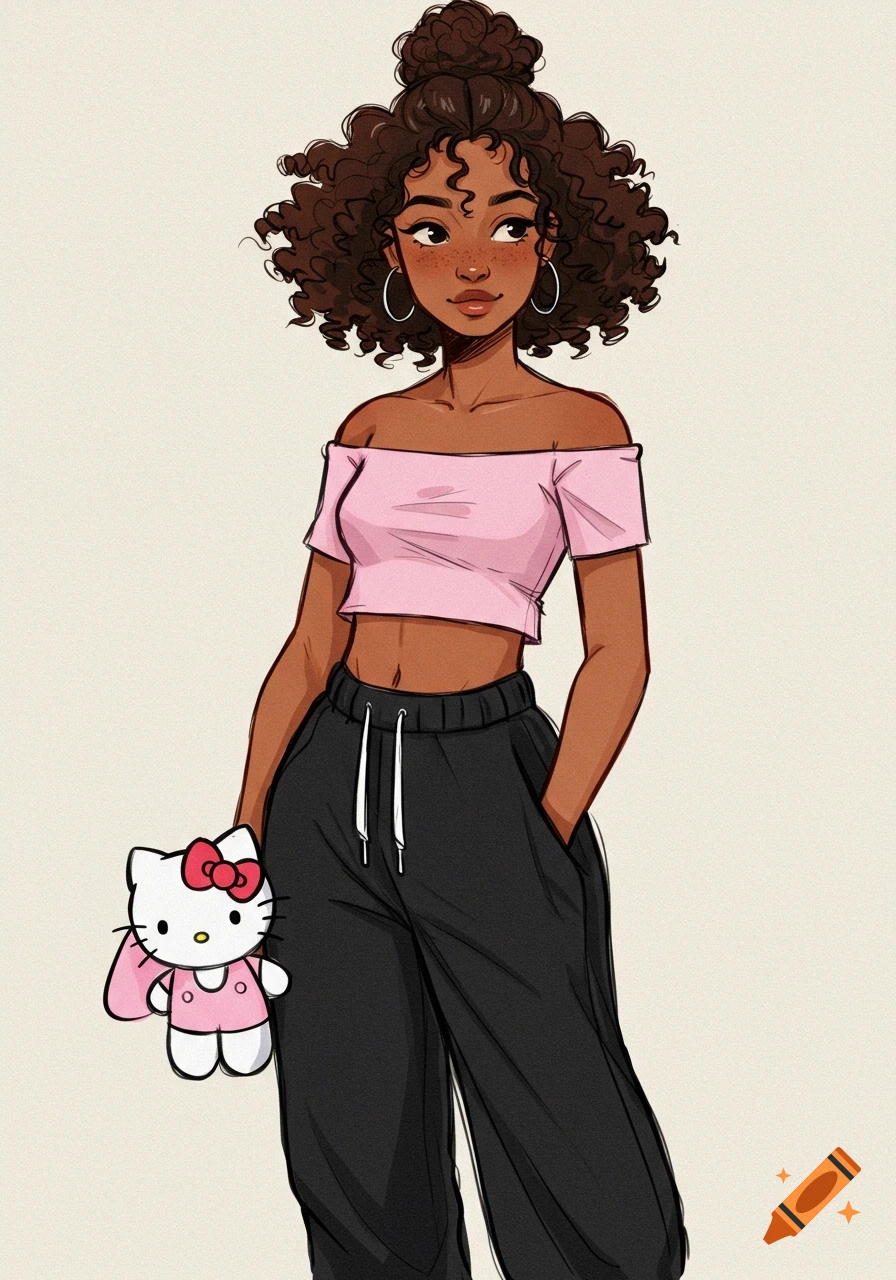Manga illustration of a young woman with curly hair in a bun, wearing a pink crop top and black pants, holding a Hello Kitty plush.