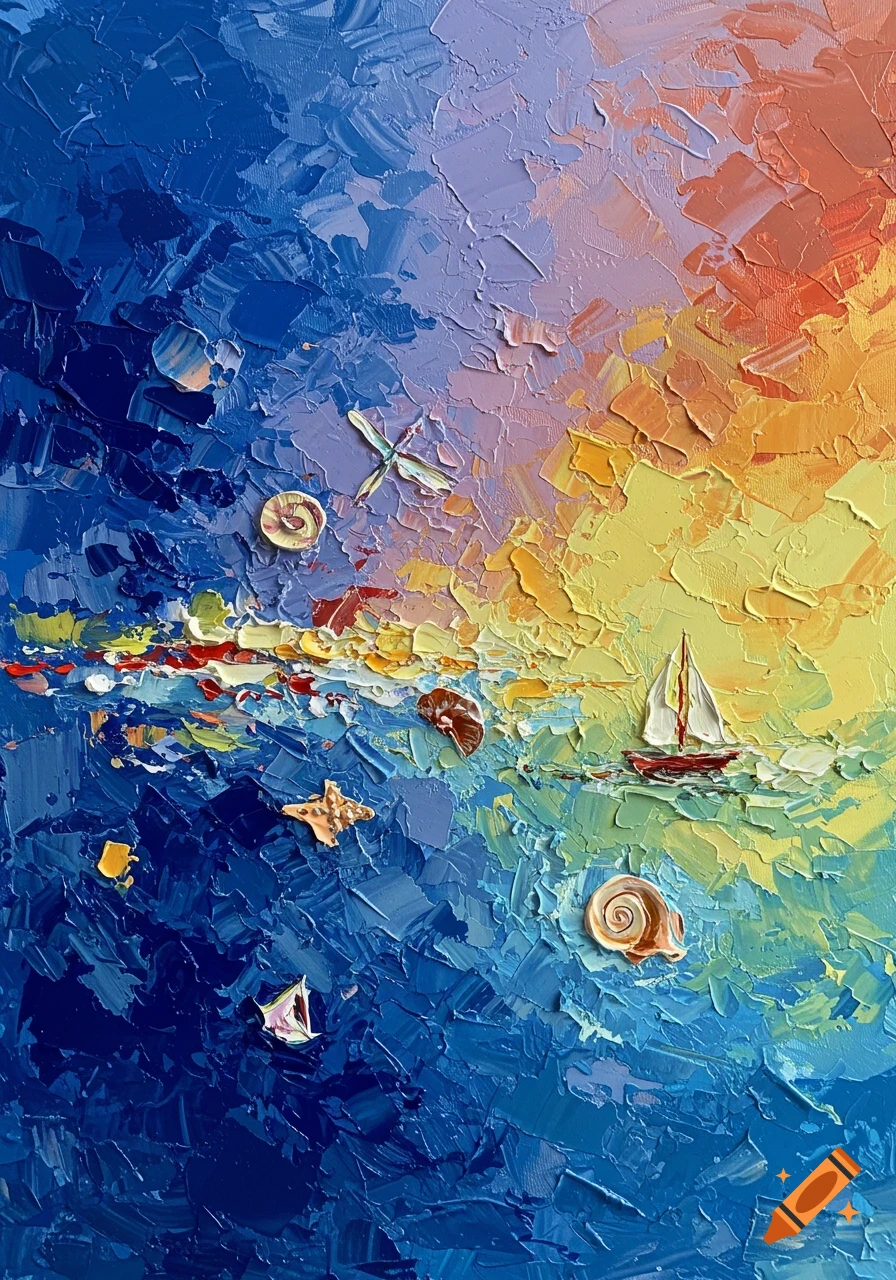 Vibrant impasto oil painting of an abstract seascape with sailboats, seashells, and starfish under a colorful sky.