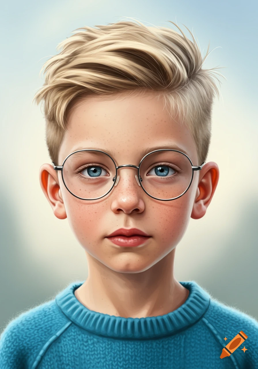 A digital painting of a blond boy with blue eyes, freckles, round glasses, and a blue-turquoise sweater.