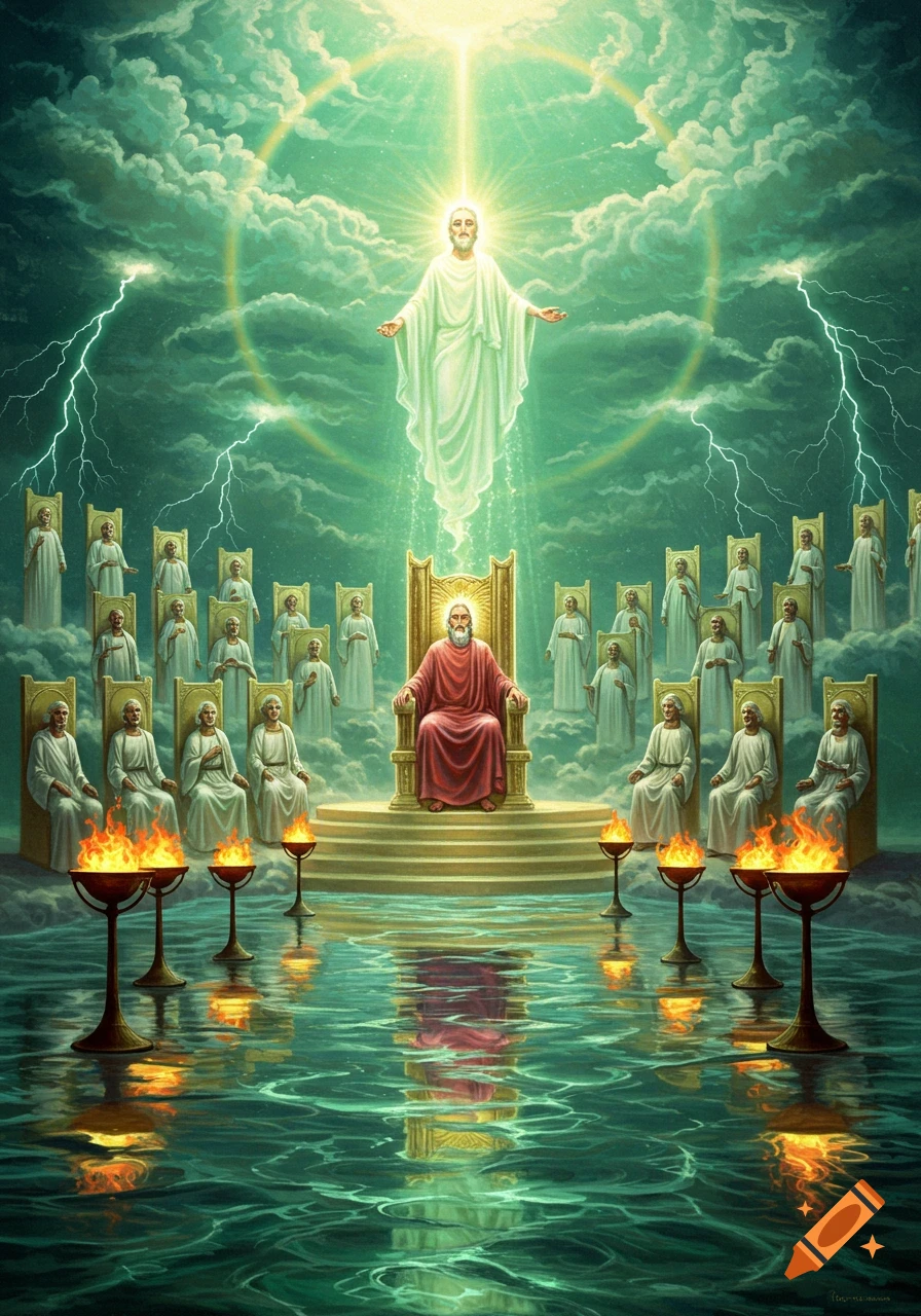A glowing Christ-like figure above a robed elder on a golden throne, surrounded by twenty-four elders, lightning, and fire over a glassy sea. Religious fantasy art.