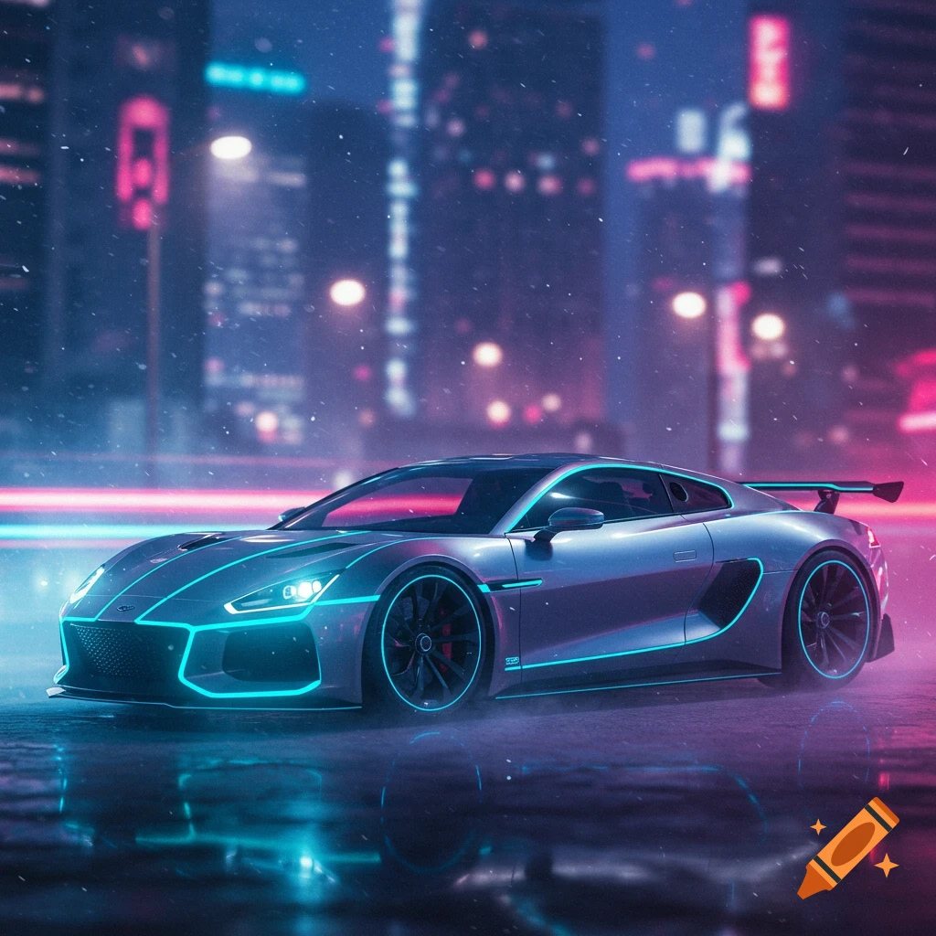 A sleek futuristic sports car with glowing blue neon accents parked on a wet street in a neon-lit cyberpunk city at night.