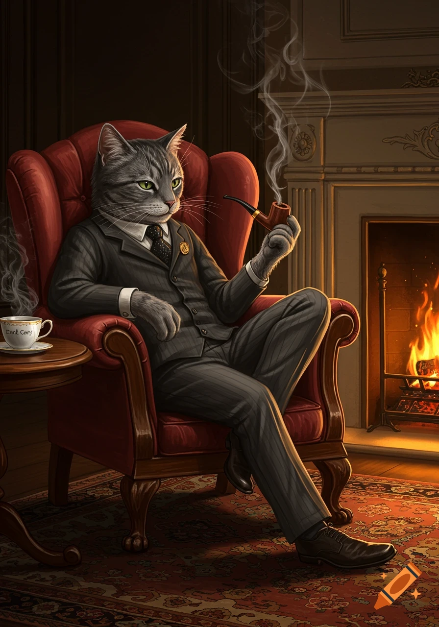 A dapper gray cat in a pinstripe suit sits in a red armchair by a fireplace, smoking a pipe. A teacup is on a side table.