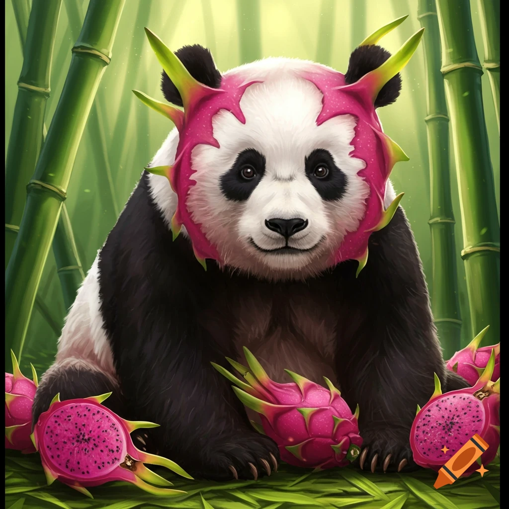 A digital art illustration of a panda with dragon fruit skin on its face, sitting in a bamboo forest surrounded by cut and whole dragon fruits.