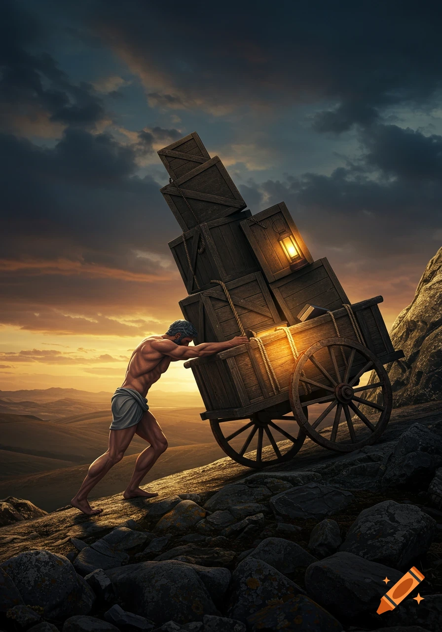 Muscular man, resembling Sisyphus, pushes a heavily loaded wooden cart up a rocky hill at sunset.
