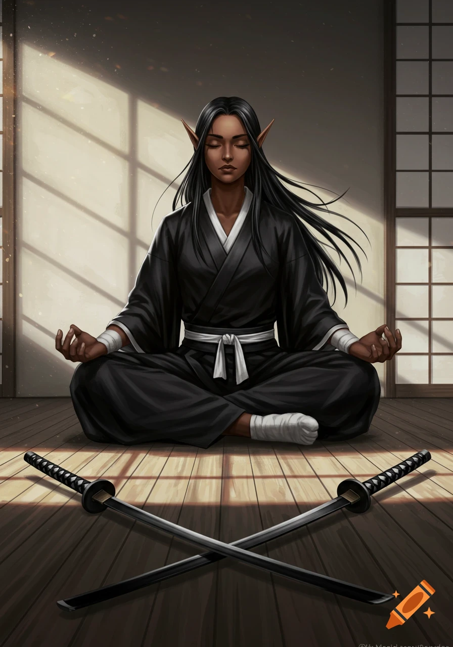 An olive-skinned female elf with long black hair, wearing a black kimono, meditates on a wooden floor, with two crossed katanas in front.