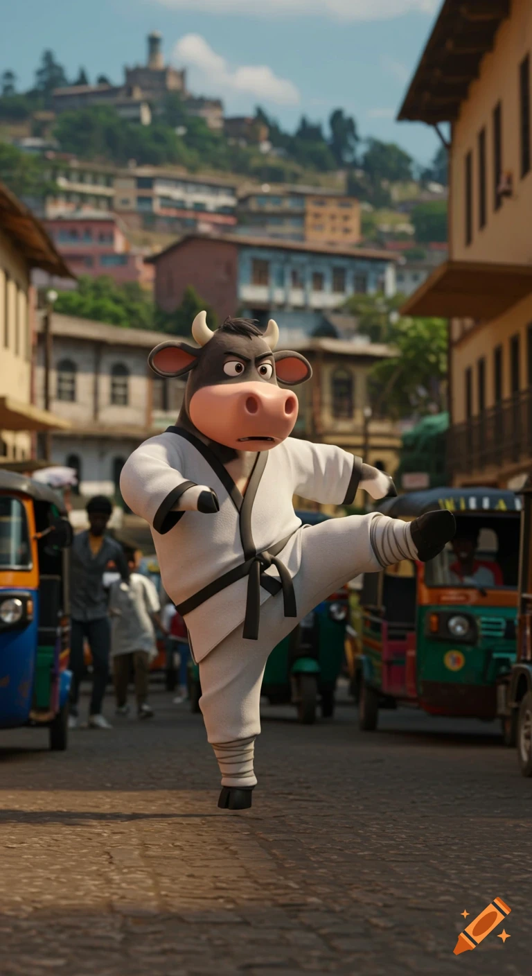 A cartoon cow in a white kung fu gi performs a high kick on a lively Ethiopian city street with colorful buildings and tuk-tuks in a bright, cinematic style.