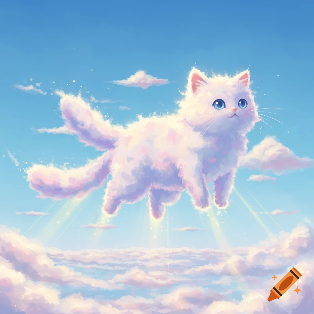 A cute white cloud cat with blue eyes floats in a bright blue sky among fluffy clouds.