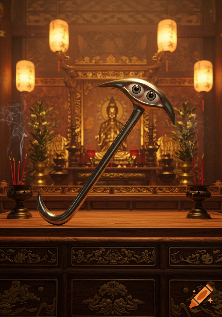 A surreal metallic crowbar with human eyes rests on an ornate wooden altar inside a warmly lit Asian temple.