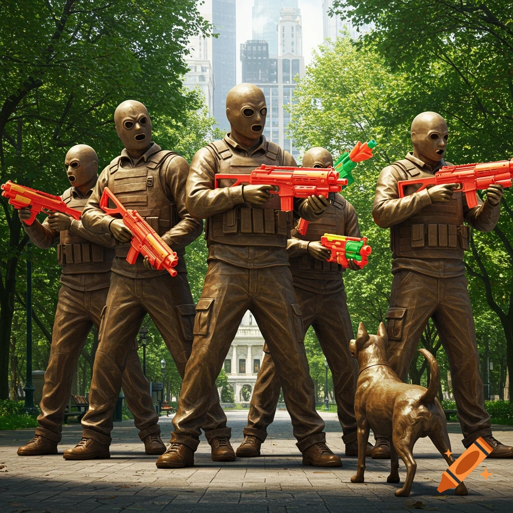 Five bronze statues of masked men in tactical vests point red and green Nerf guns at a bronze dog statue in a park setting with city buildings in the background.