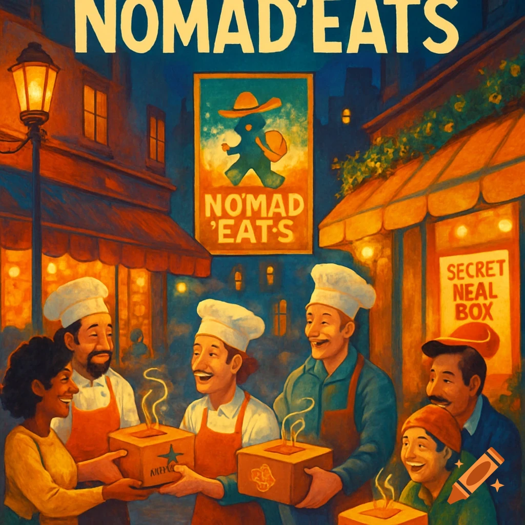 A vibrant, painterly scene of chefs and customers exchanging steaming food boxes on a bustling city street at night, with illuminated signs and awnings.