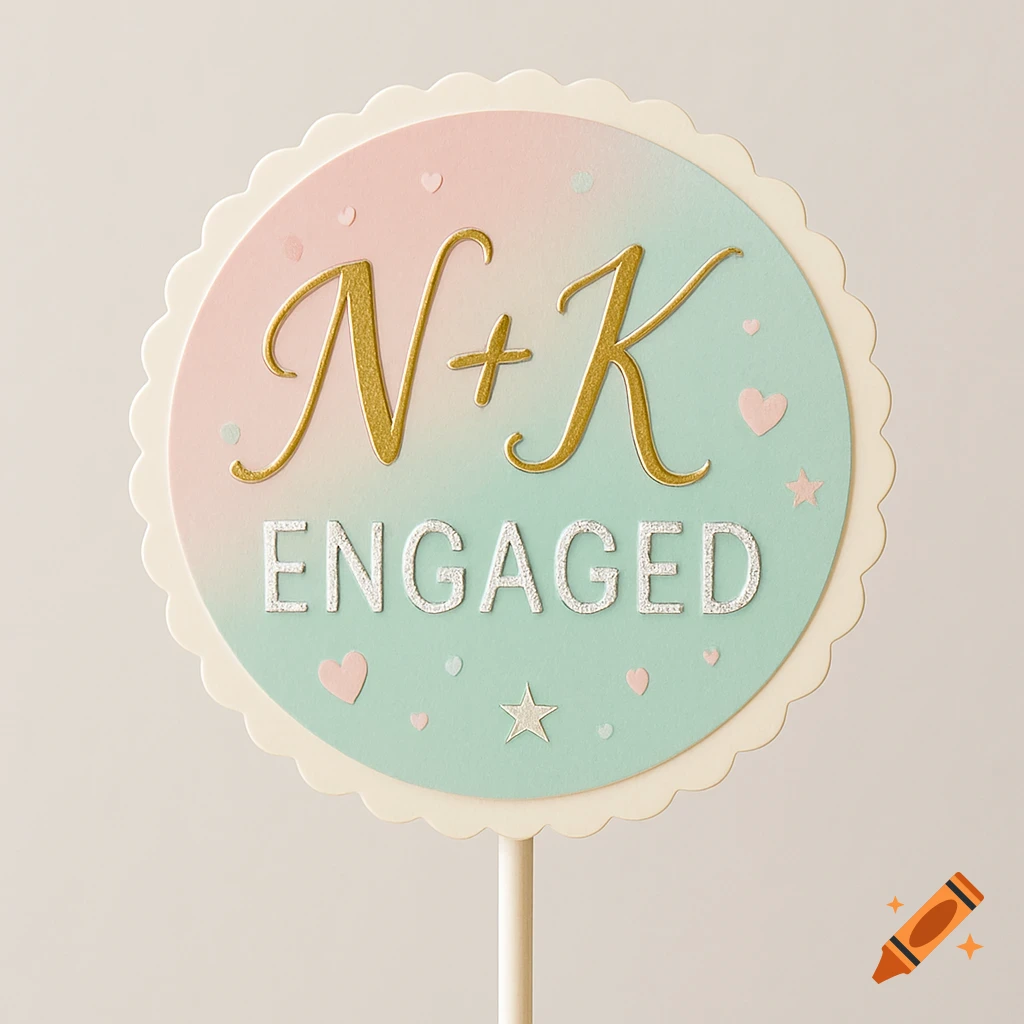 Circular pastel cupcake topper with gold 'N+K' and silver 'ENGAGED' text, adorned with hearts and stars and a scalloped border.