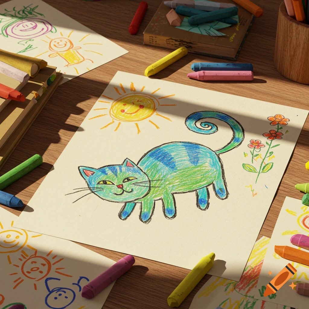 A top-down view of a wooden desk covered with child-like crayon drawings on paper, featuring a prominent blue and green cat drawing.