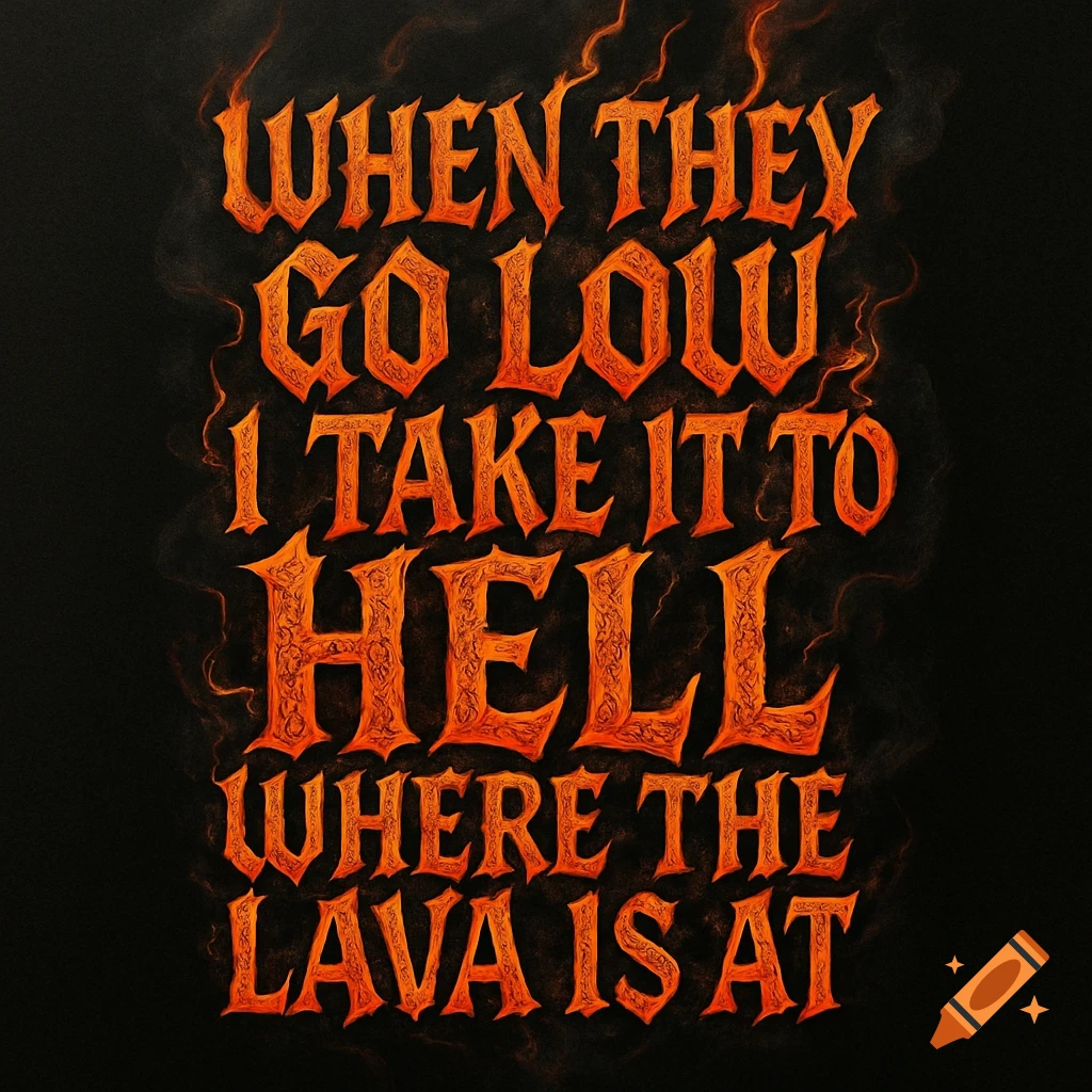 Fiery orange text on a dark background reads, 'WHEN THEY GO LOW I TAKE IT TO HELL WHERE THE LAVA IS AT,' surrounded by smoke and embers.