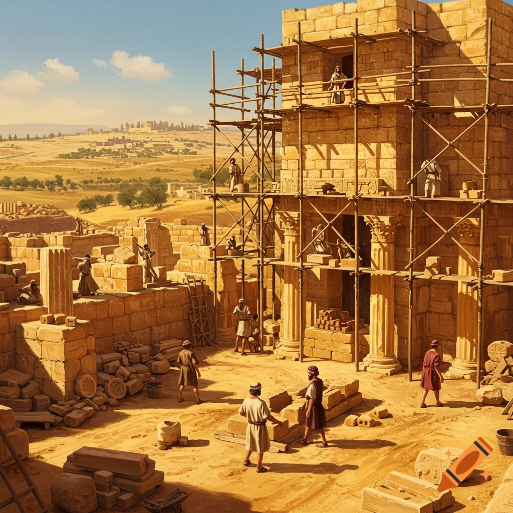 Ancient builders construct a grand stone palace in a desert landscape under a clear blue sky, with scaffolding on the main structure.