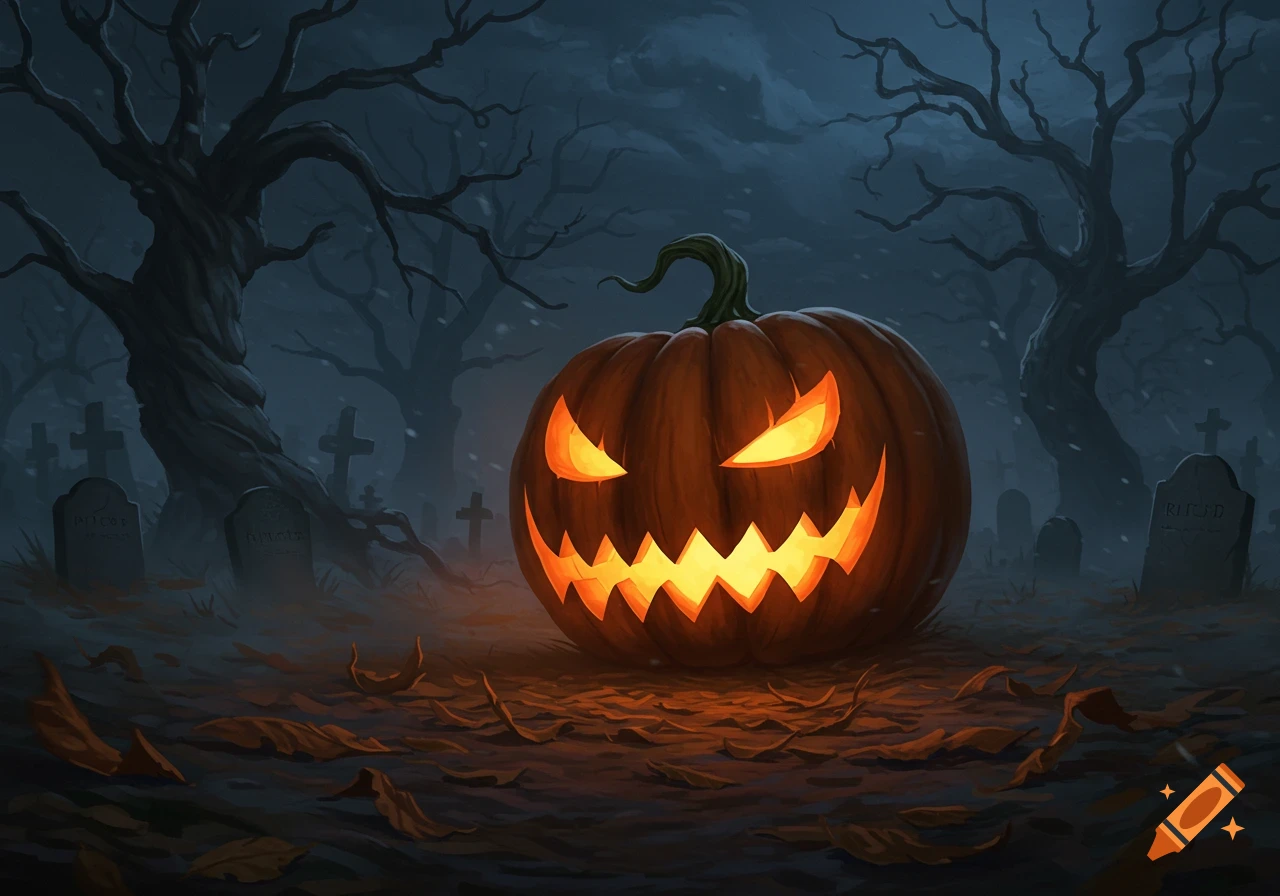 A scary jack-o'-lantern in a misty graveyard at night, surrounded by bare trees and tombstones.