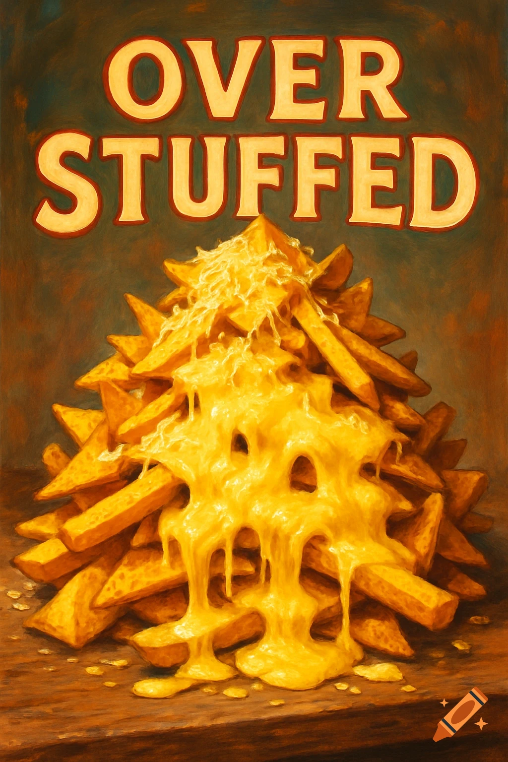 Stylized illustration of a mountain of cheese-covered fries on a wooden surface, with the title 'OVER STUFFED' above.