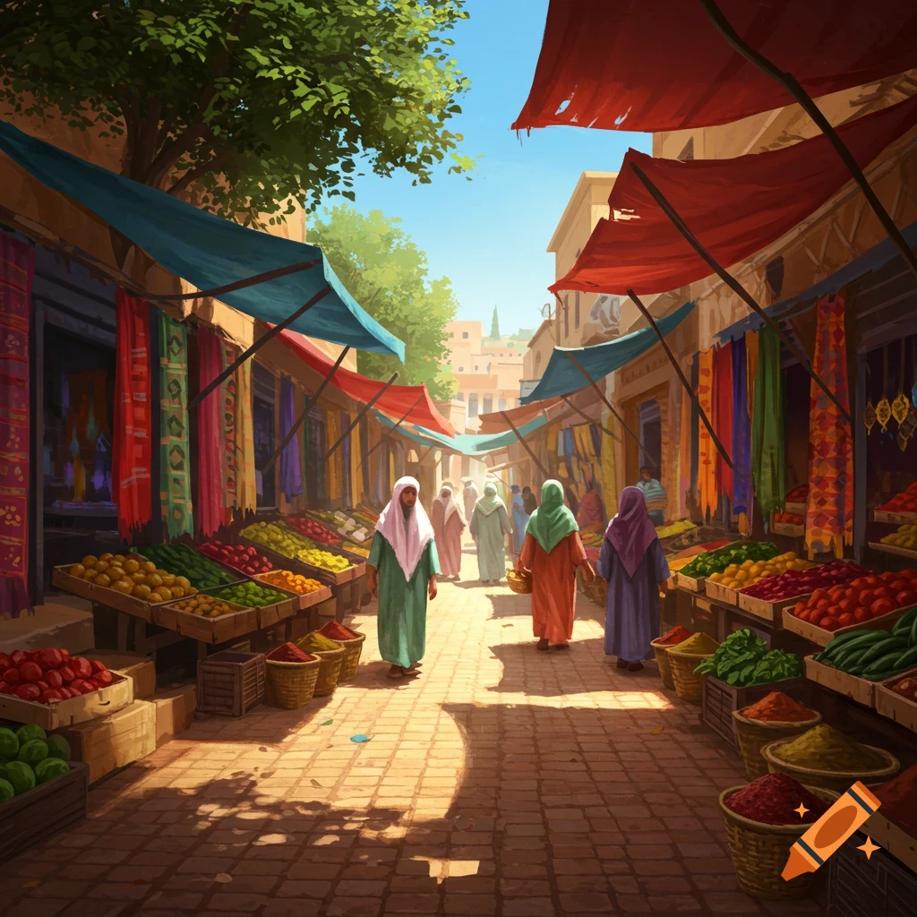 Vibrant market scene illustration with people walking through stalls laden with colorful fruits, vegetables, and spices under fabric awnings.