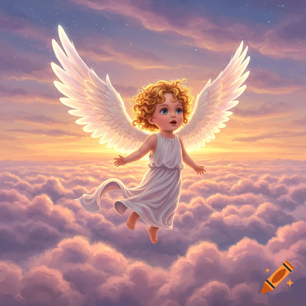 A cute baby angel with curly blonde hair and large white wings flies through a beautiful sky filled with pink and purple clouds.