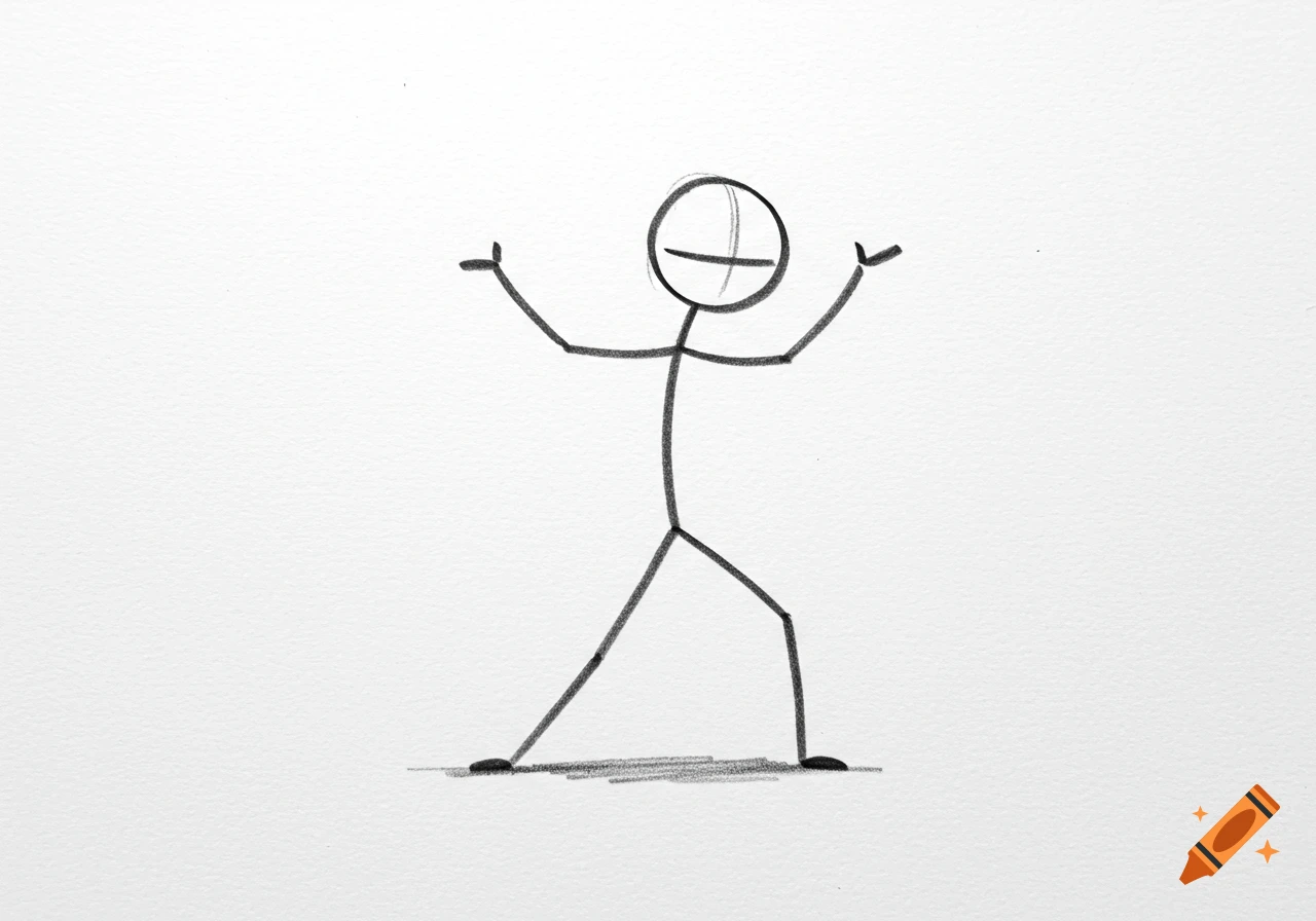 A minimalist black stick figure drawing with arms raised, on a white textured paper background.