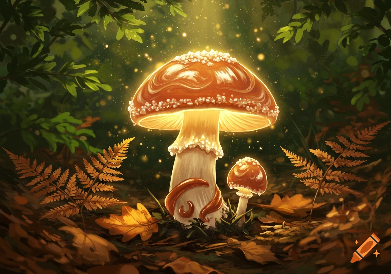 A whimsical, glowing mushroom surrounded by ferns and fallen leaves in a sun-dappled forest, with a smaller mushroom nearby.