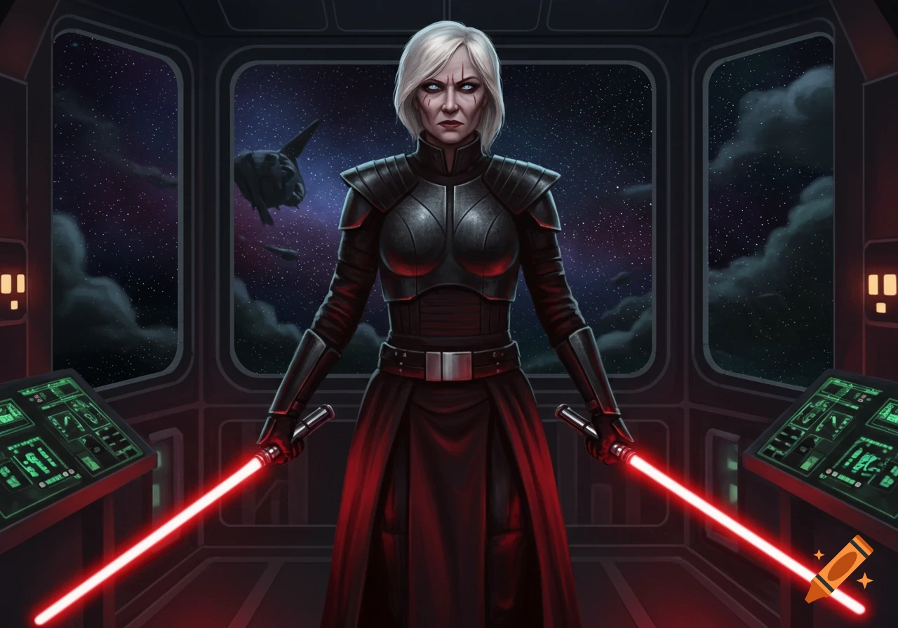 A female Sith Lord with white hair and dark armor stands in a spaceship cockpit, holding two red lightsabers.