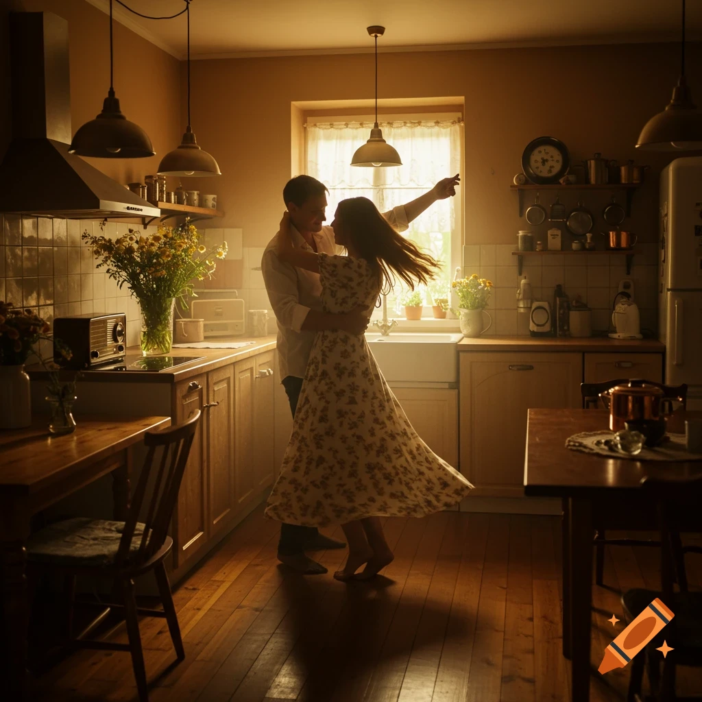 A couple dancing intimately in a warmly lit, rustic kitchen.