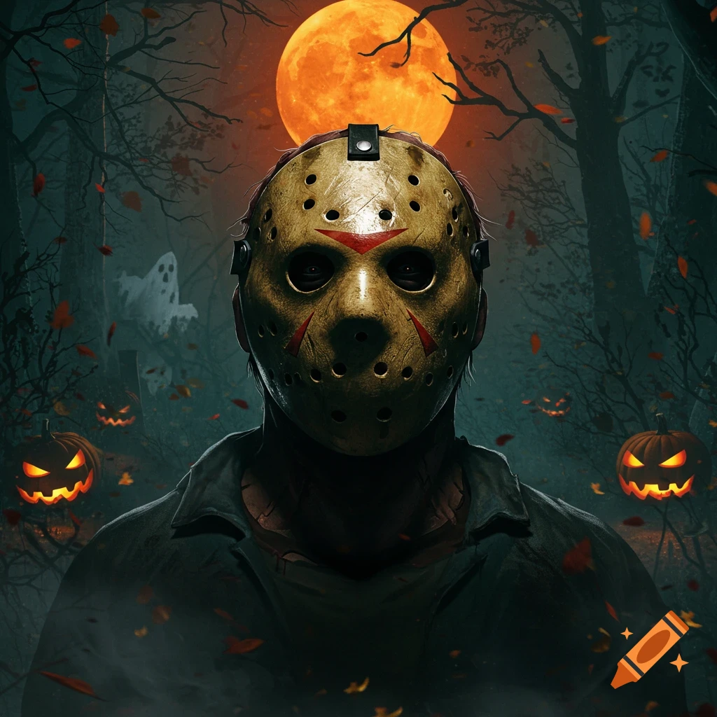 Jason Voorhees in his hockey mask stands in a dark forest with glowing jack-o'-lanterns, a ghost, and an orange full moon.