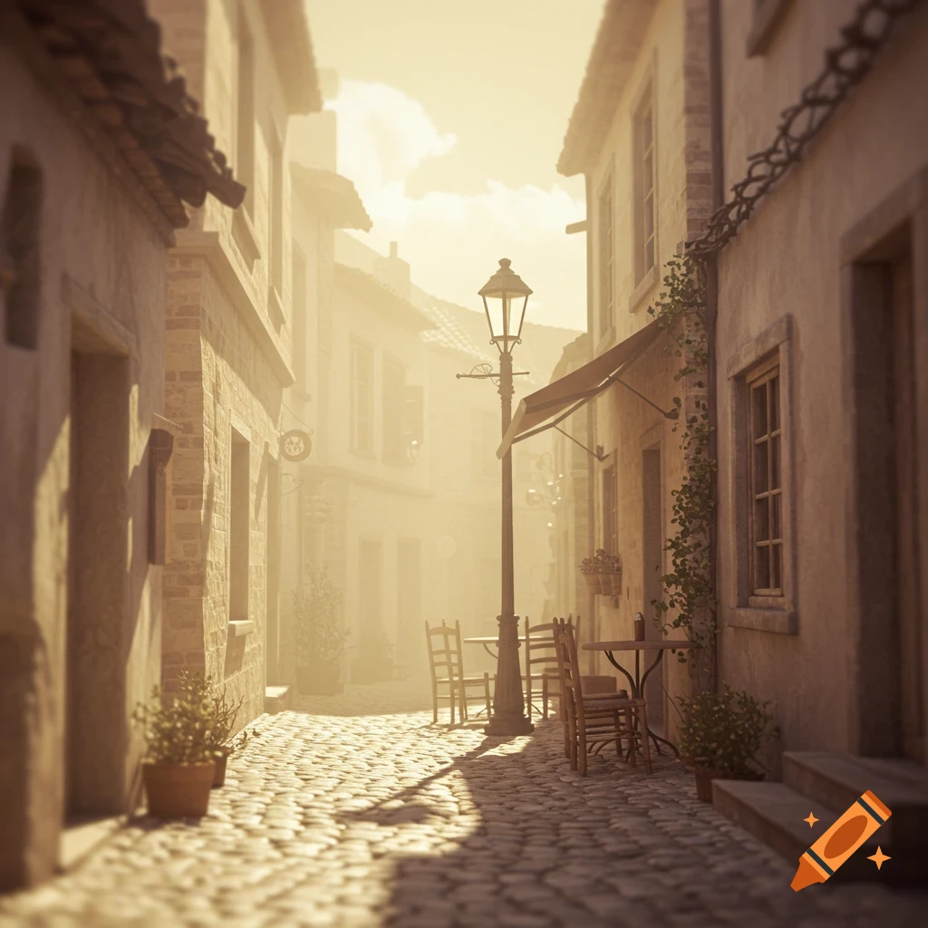 A narrow, cobblestone street bathed in warm, hazy sunlight, lined with old stone buildings and an outdoor cafe.