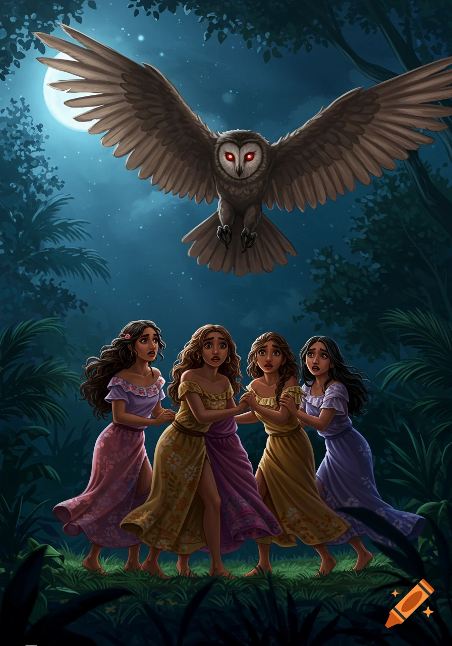 Four scared women in dresses recoil in a dark forest at night as a large, red-eyed owl swoops down, in a fantasy illustration.