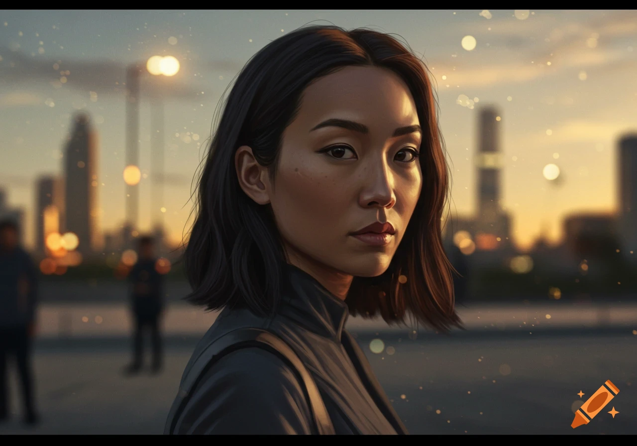 Photorealistic portrait of a young Asian woman with dark hair, looking intently at the viewer, against a blurred city sunset background.