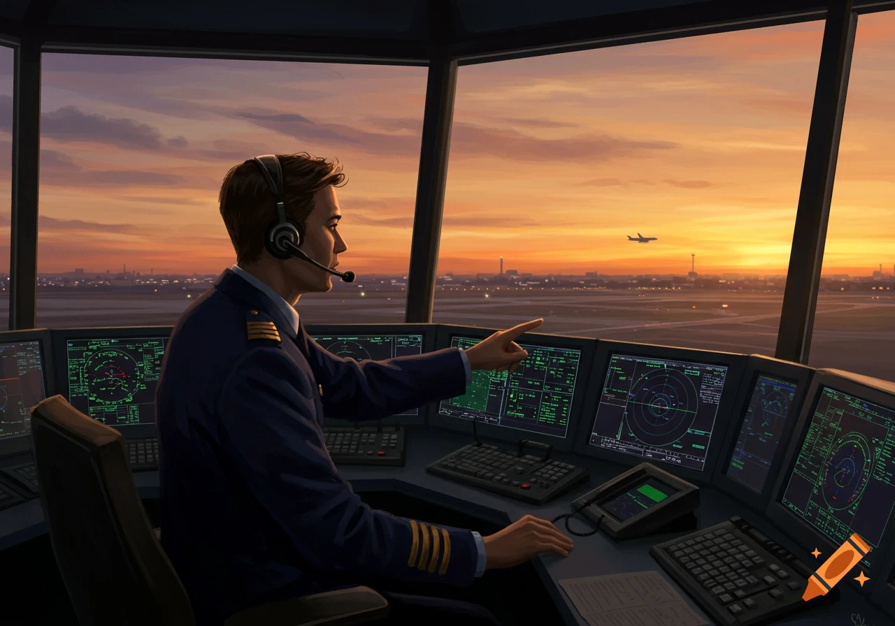 Air traffic controller in a control tower points at a radar screen during sunset, with an airplane flying in the distance.