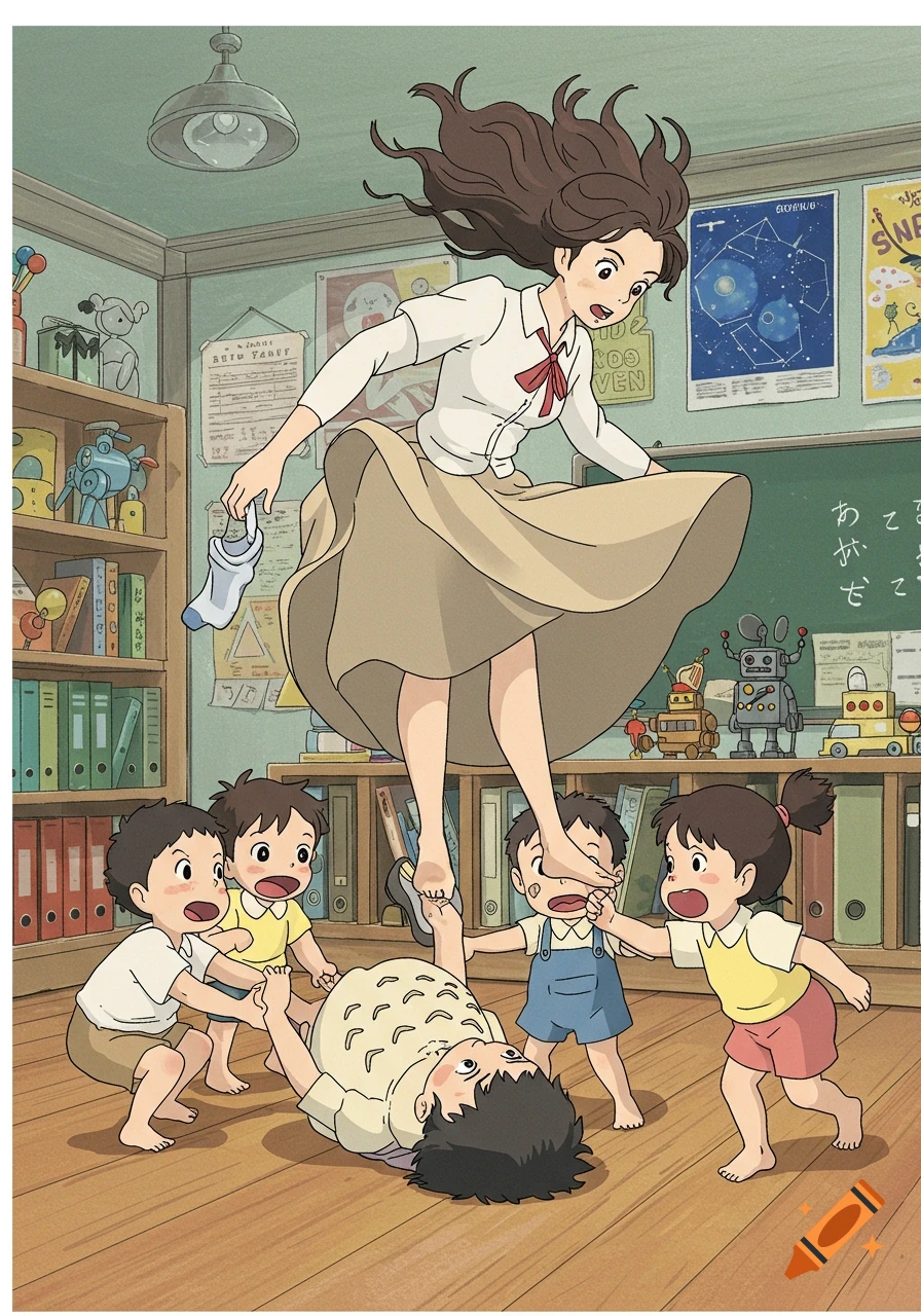 Ghibli style illustration of a clumsy teacher falling in a classroom as children interact with her feet and removed shoes, creating a comical scene.
