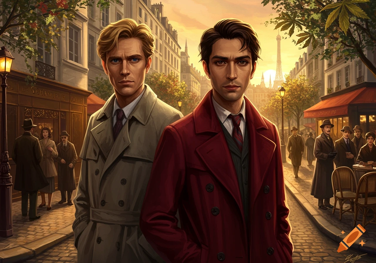Two men in trench coats stand on a Parisian street at sunset, with the Eiffel Tower in the background. Digital art style.