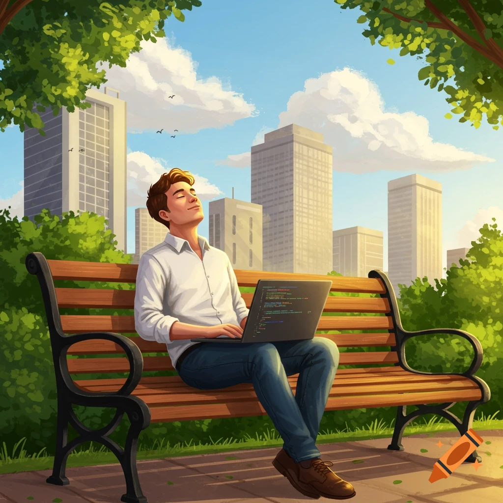 A man, a software developer, sits on a park bench with a laptop, basking in the sun in an urban park. Cartoon style.
