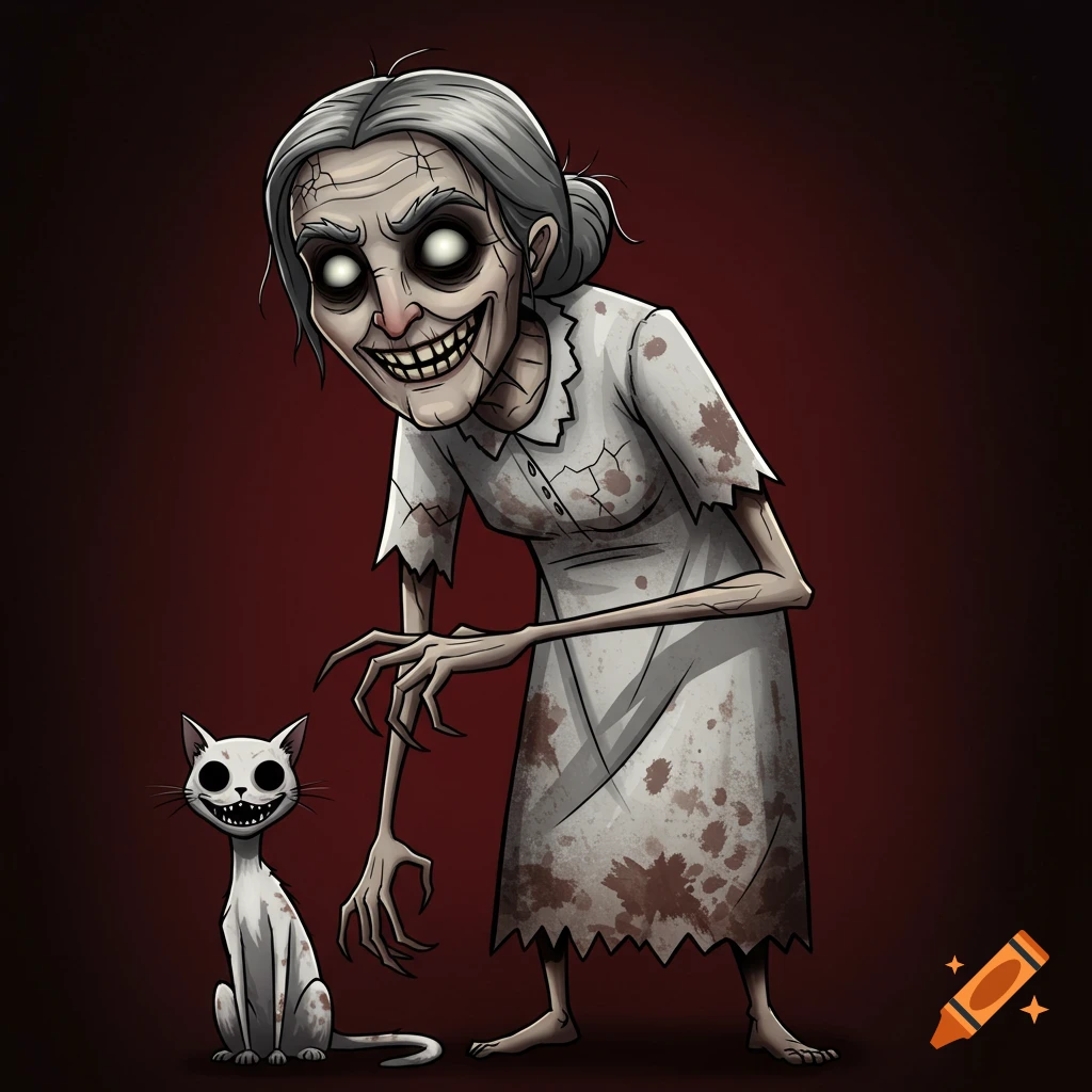 A creepy, stylized cartoon witch with a cracked face, wide smile, and glowing eyes, standing next to a similarly creepy white cat.