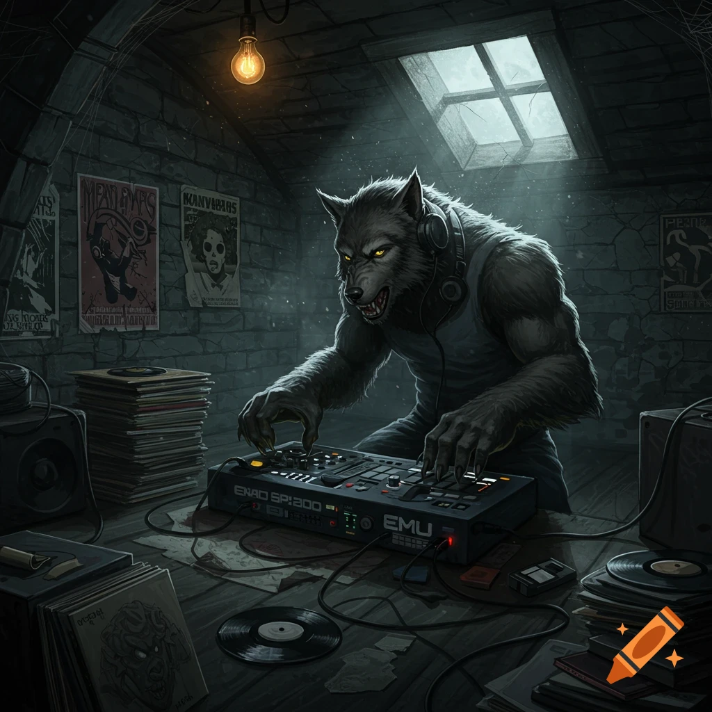 A powerful werewolf with glowing yellow eyes and headphones sits in a dark, cobweb-filled attic, operating a DJ mixer with vinyl records scattered around.