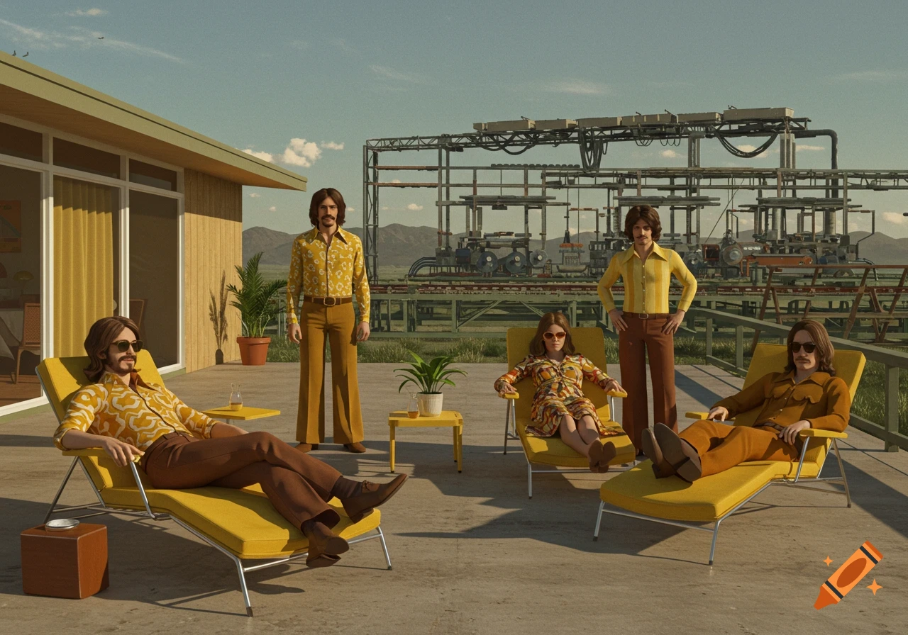 Five people in 70s fashion lounge on yellow deck chairs and stand on a patio, with a house and industrial complex in the background.