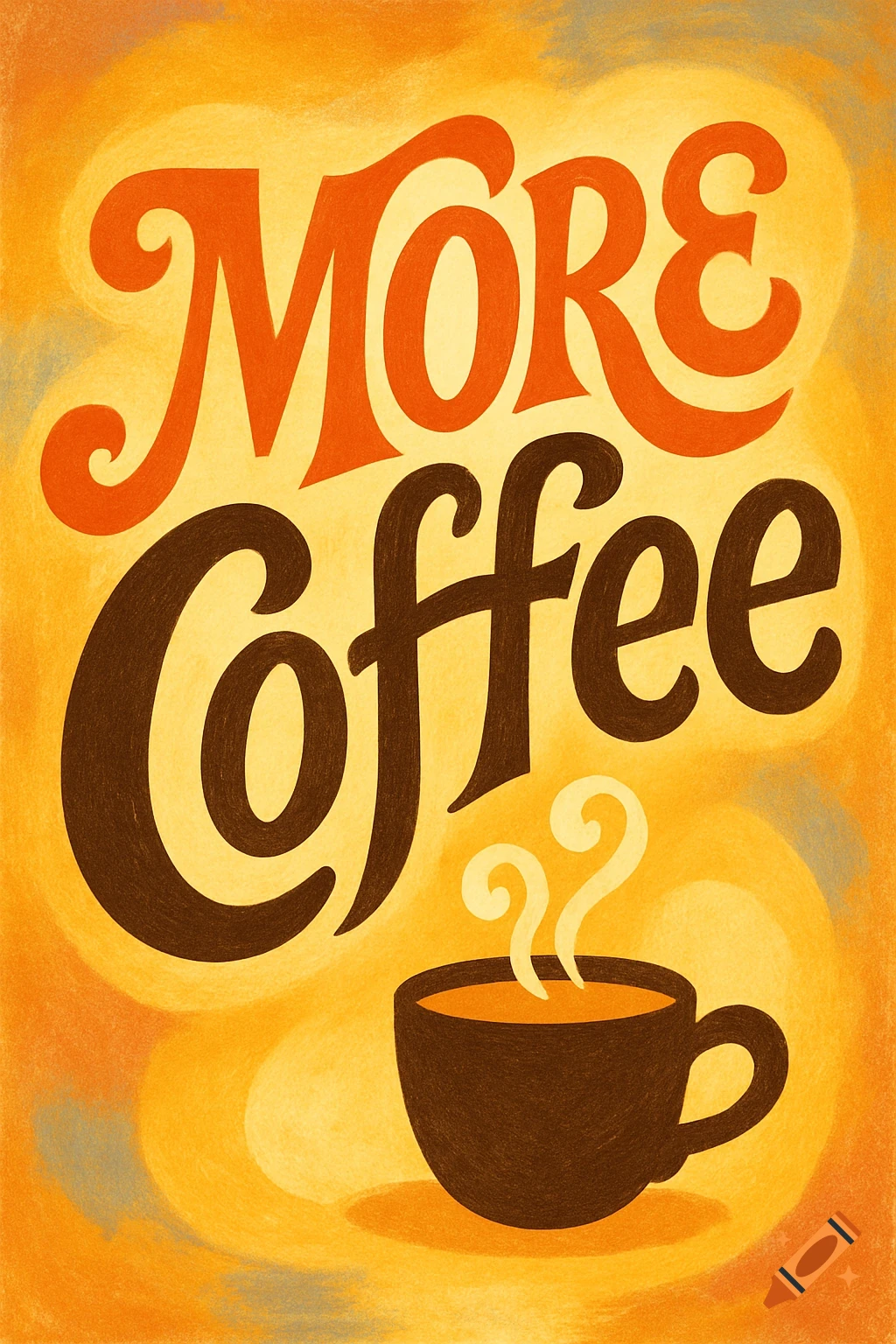 Textured illustration saying "More Coffee" in orange and brown, with a steaming coffee cup below, on a warm yellow background.